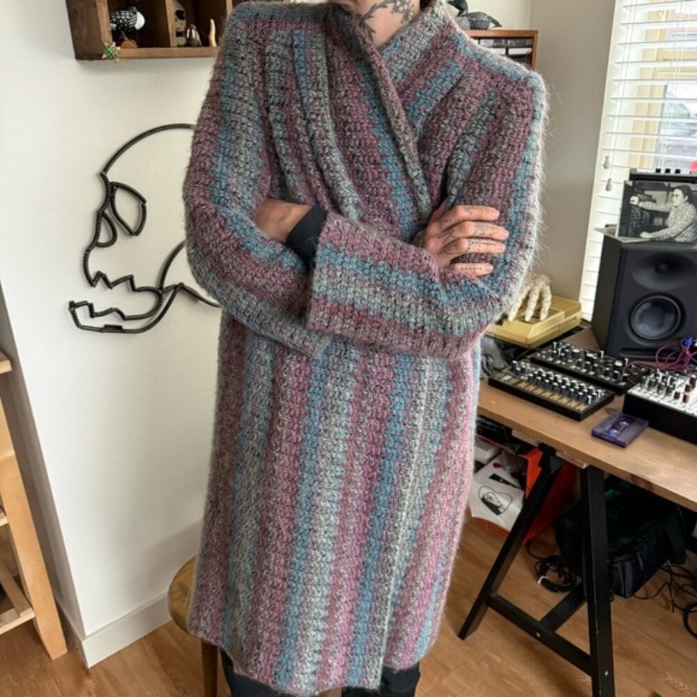 💀 SOLD 💀 Vintage 70s Knit Mohair Blend Long Lined Open Cardigan Sweater Jacket S - Picture 2 of 9